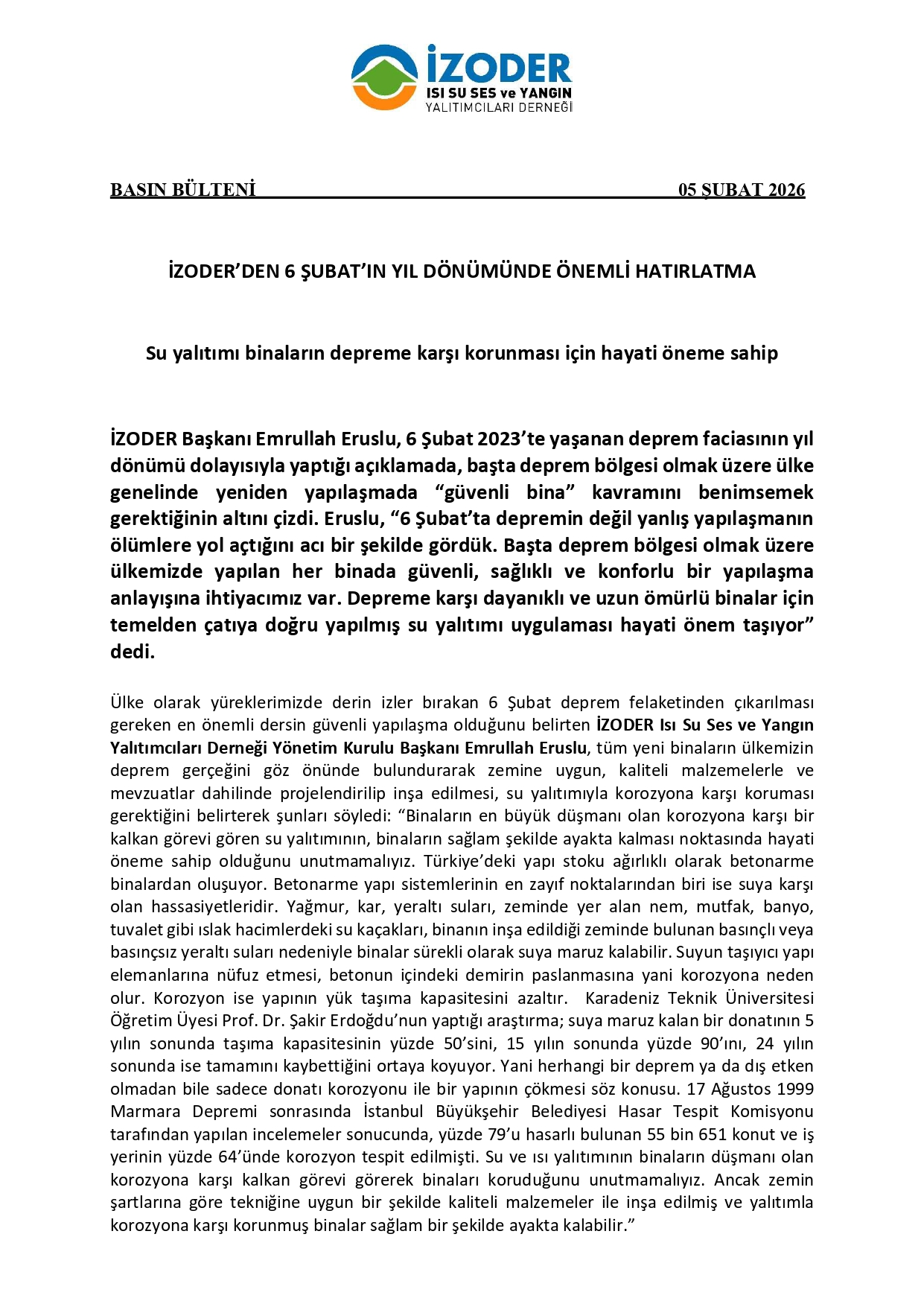 6 Şubat Depremi Yıl Dönümü Basın Bülteni